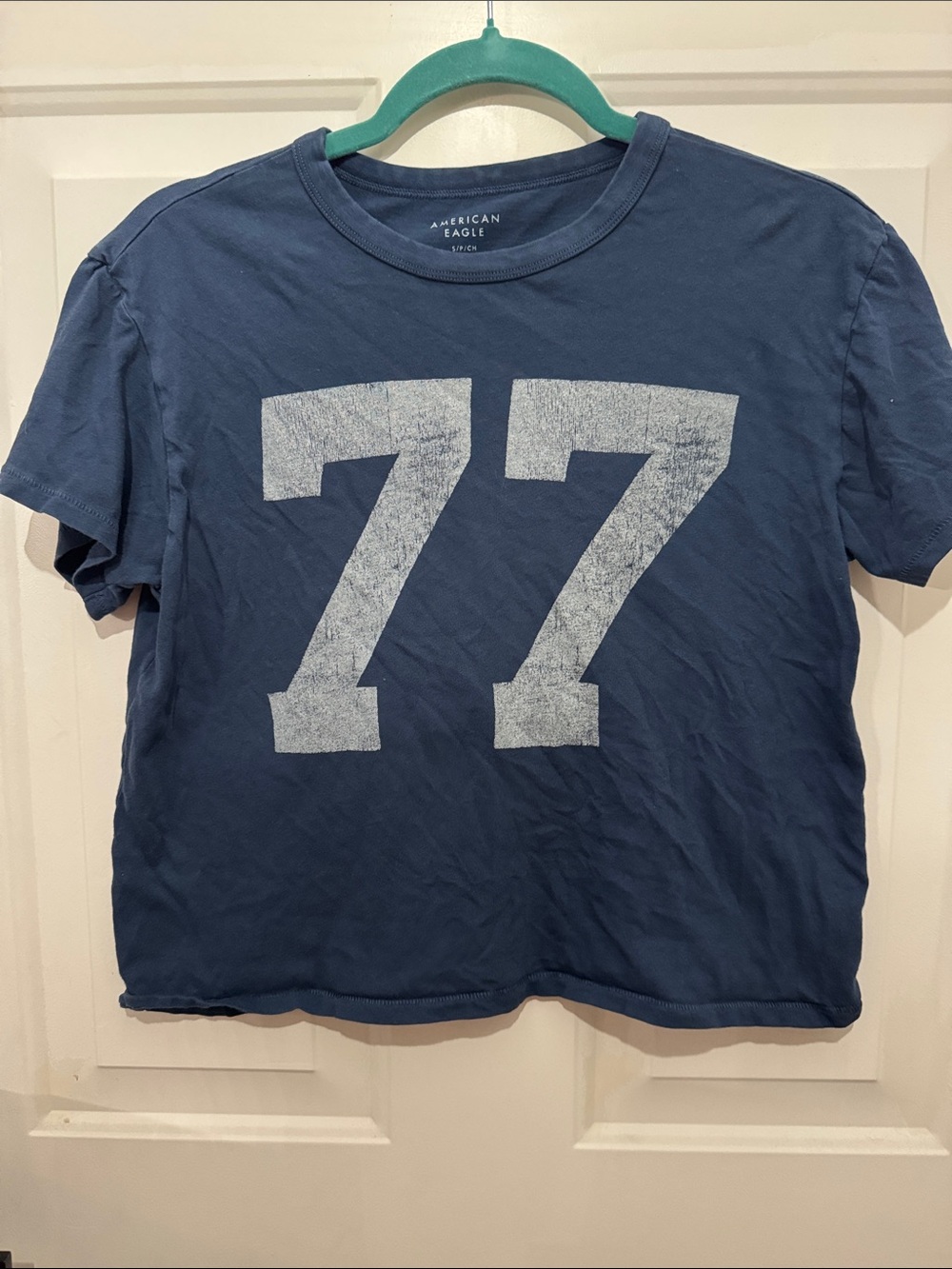 American Eagle Outfitters Blue Crop Tee with White '77 Graphic